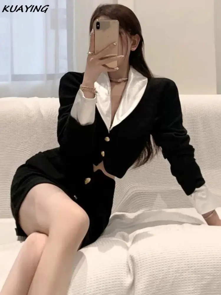 Y2k Two-piece Skirt Set Women Casual Korean Chic V-neck Crop Tops Jacket Bodycon Black Mini Skirts Elegant Suit 2024 Autumn New