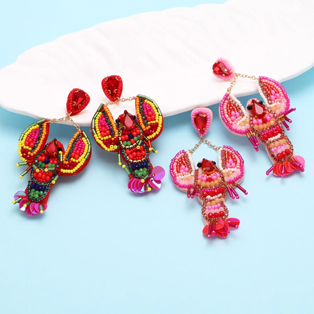 FLOLA Multicolor Lobster Raffia Beads Big Drop Earrings For Women Red Crystal Handmade Beaded Earrings Bohemian Jewelry ersv63