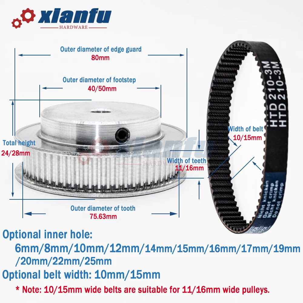 HTD3M 80 Teeth Timing Pulley 3M HTD 80T BF Bore 6/8/10/12/14/15/16/17/19/20/22/25mm Aluminum Wheel 80Teeth Belt Width 10/15mm