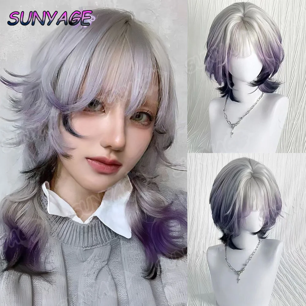 

SUNYAGE Women's Gradient Pink Purple Wig with Bangs Highlighted Top Dyeing Full Head Cover Fiber Mechanism Hair Extension