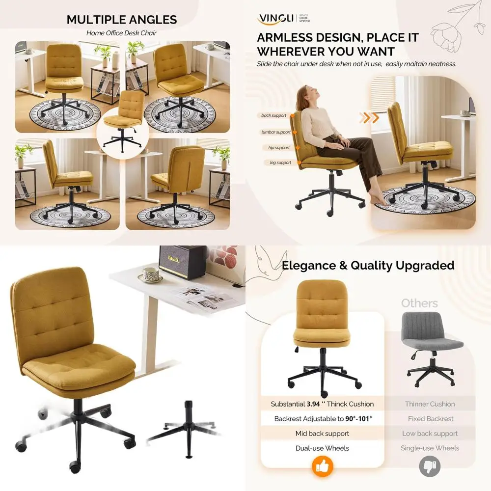 

Mid-Back Swivel Desk Chair with Cushion, Adjustable Height, Rolling for Office or Vanity Use, Linen Ginger Yellow