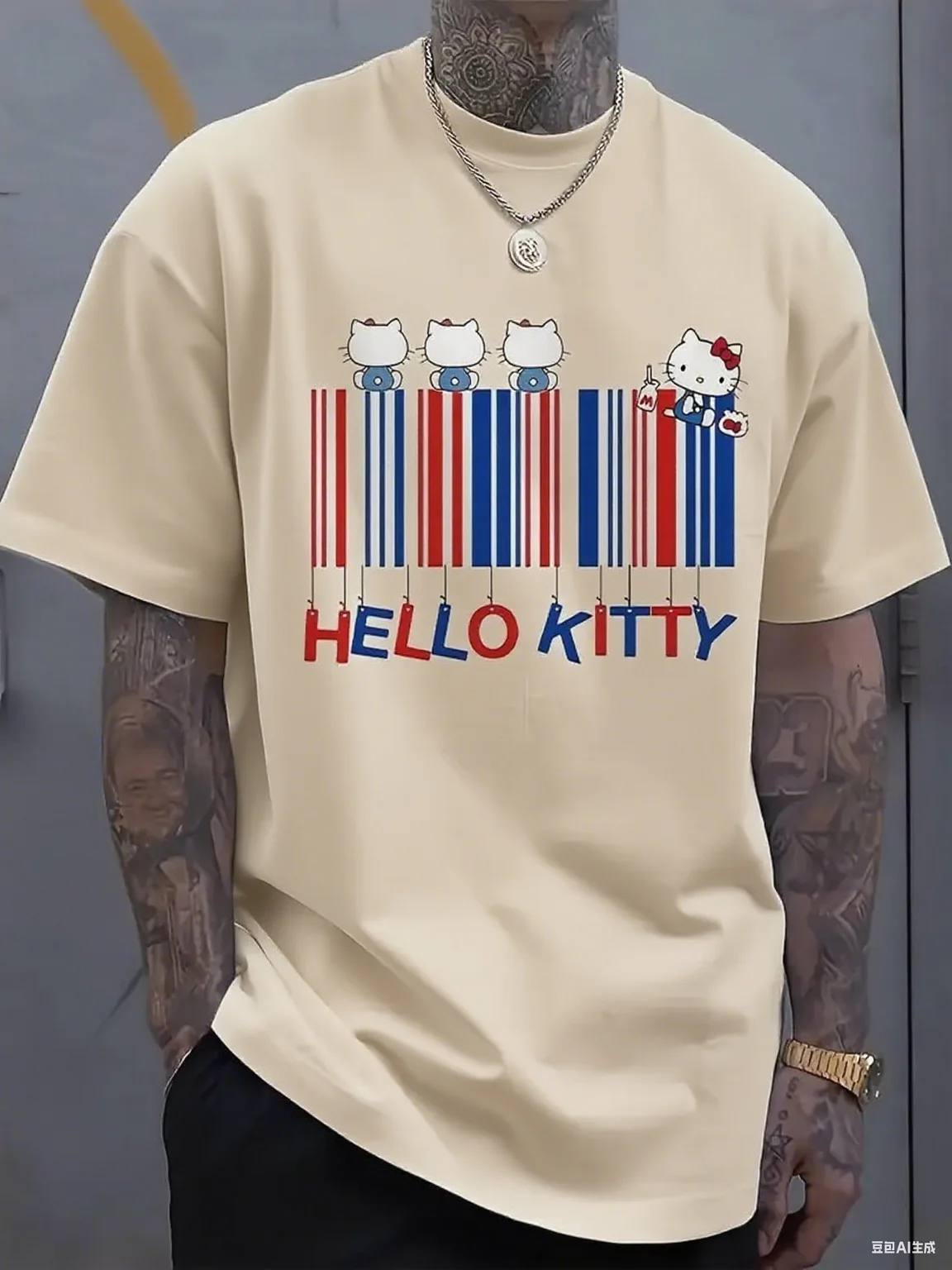 تي شيرت Hello Kitty القطني مع شخصيات كرتونية لطيفة وطباعة الباركود، اختيار ممتع وأنيق لمحبي كيتي، ملابس كاجوال يومية