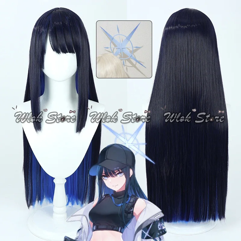 Blue Archive Jomae Saori Cosplay Halo Wig Synthetic Heat Resistant Dark Blue Long Straight Hair Halloween Roleplay Accessories