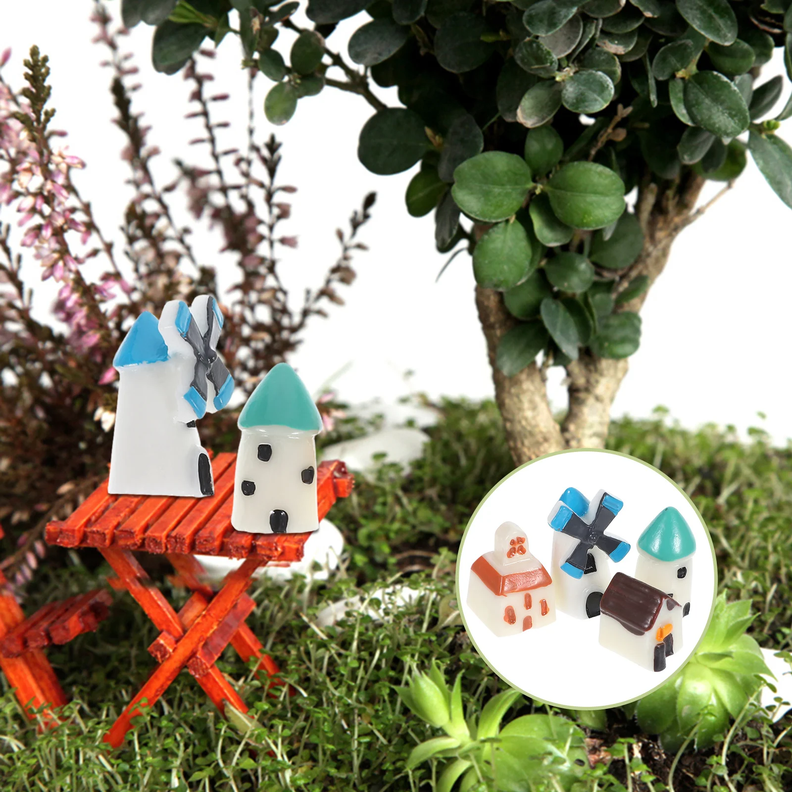

4Pcs Mini Bonsai Ornament Accessories Creative DIY Windmill Houses for Micro Landscape Garden Decoration Resin