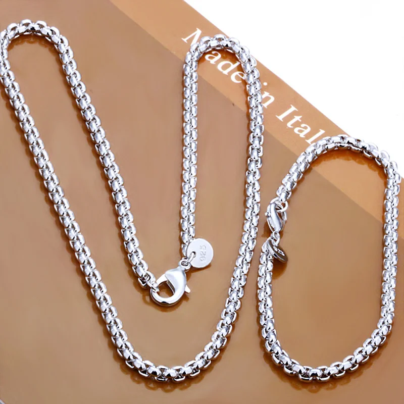 Hot Street fashion 925 sterling silver 4MM round box Bracelets Necklace for woman men charms classic Wedding  party gift Jewelry