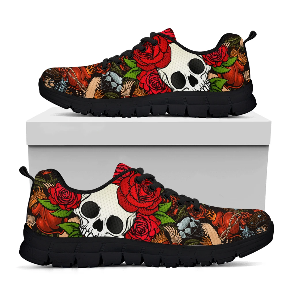 INSTANTARTS 3D Rose Skull Casual Sneakers For Women Sunflower Skull Walking Shoes Flower Print Breathable Tennis Shoes Zapatos