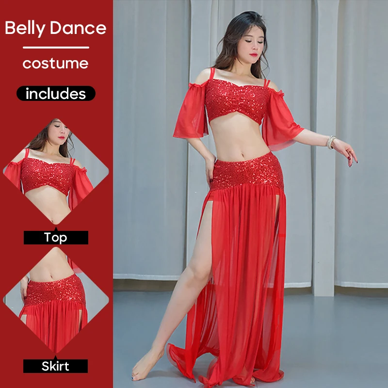 مجموعة أزياء الرقص الشرقي للنساء، بلوزة وتنورة شبكية ترتر وأكمام قصيرة لملابس ممارسة أداء المسرح للبالغين
