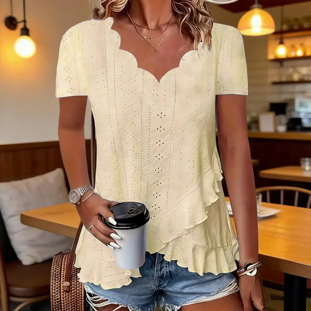 Skin-friendly Women Top Soft Elastic Women Tee Women’s V-neck Jacquard Short Sleeve Tops Loose Fit Pullover Blouses Work Party - view 2