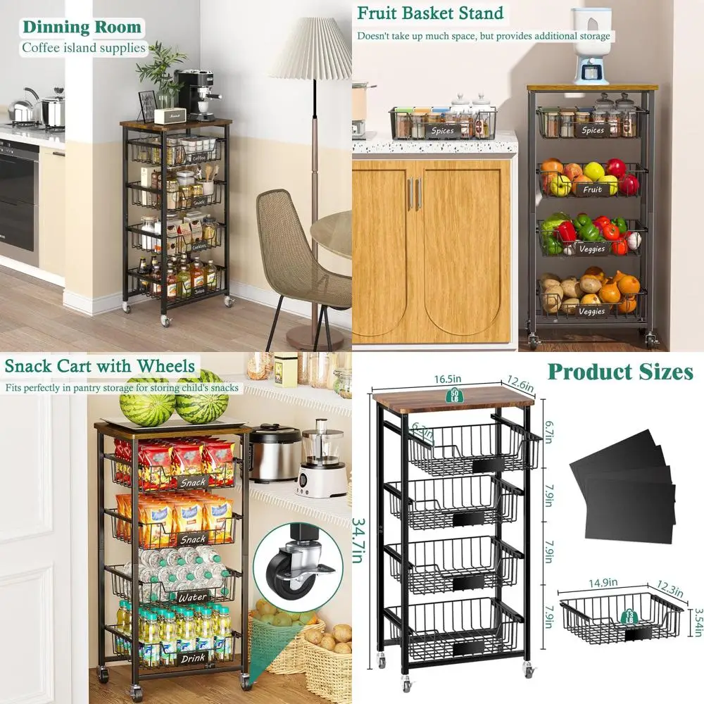 

5-Tier Rolling Metal Cart with Wood Top and Pull-Out Baskets for Kitchen, Living, Dining, and Office Storage