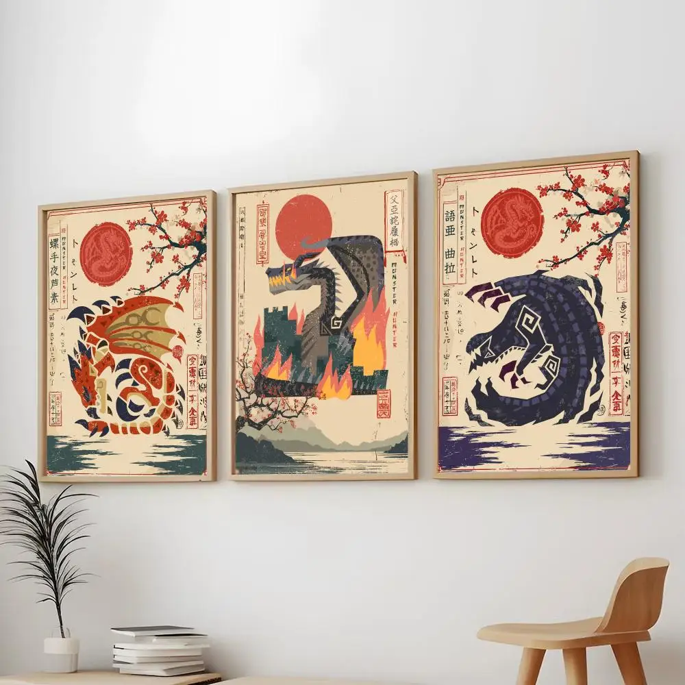 Japanese Game M-Monster Hunter World Painting Calligraphy Modern Aesthetic Wall Art Print Trendy Bedroom Home Decor Gift