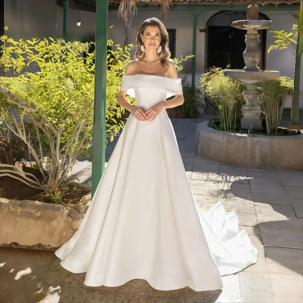Customized Elegant Modern Satin Wedding Dress Off-the-Shoulder Sweetheart Fitted Corset Back Beaded Satin A-Line Bridal Gowns