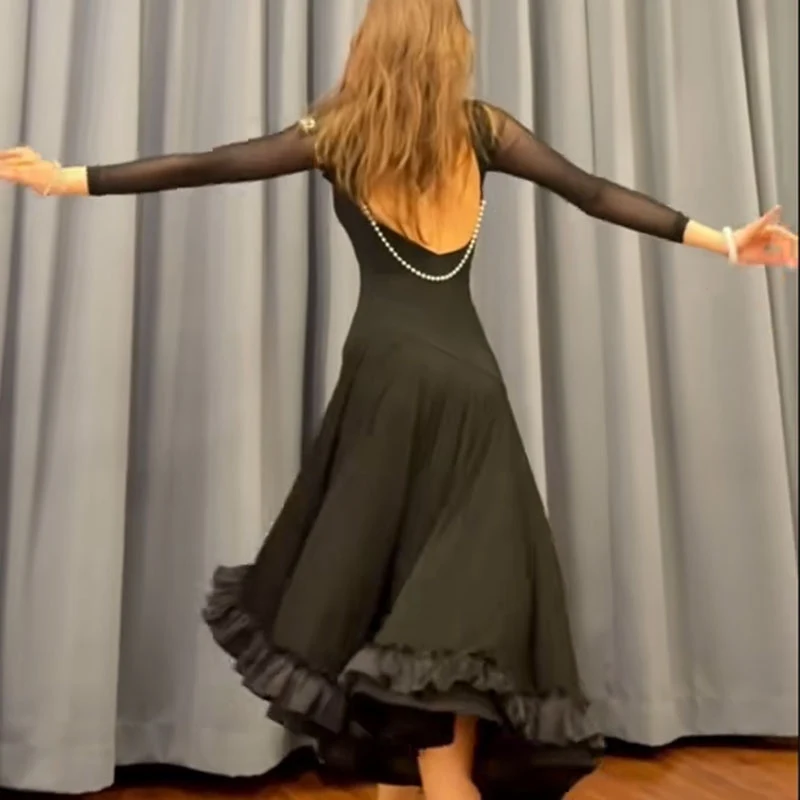 2024 neue Ballroom Dance Schwarz Langes Kleid Frauen Walzer Tanz Kleidung Praxis Leistung Kleid Erwachsene Latin Dance Kleid DNV21970