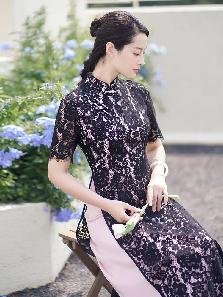 

Элегантное кружевное платье макси в винтажном стиле с высоким разрезом, повседневное, из полиэстера, для молодых женщин