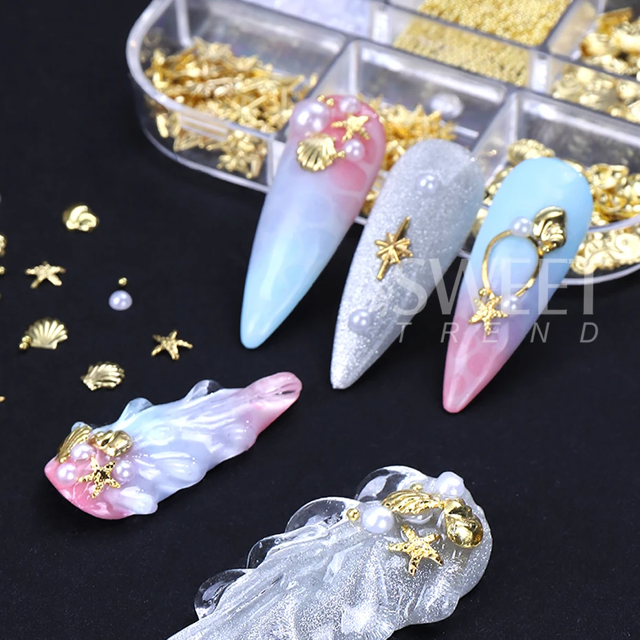 6Grids Ocean Theme Gold Nail Art Charms Shell/Starfish Pearl Metal Gems 3D Mixed Nail Art Decoration Manicure Jewelry Accessory