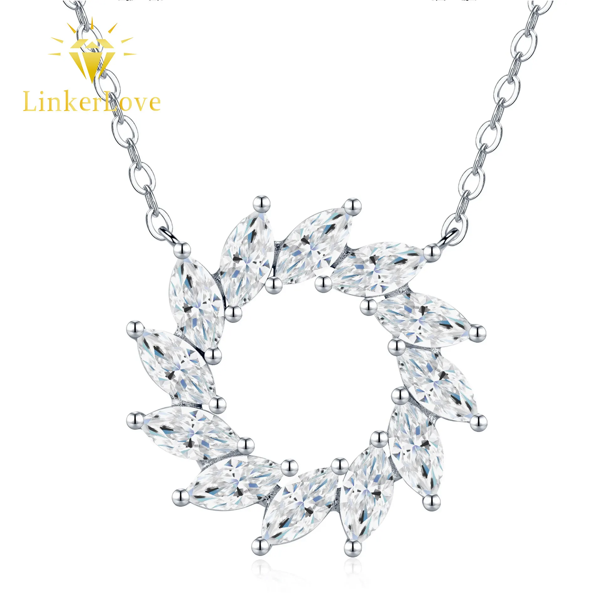 

LinkerLove S925 Silver Marquise Cut Moissanite Sunburst Pendant Necklace for Women White Gold Plated Clavicle Chain Fine Jewelry