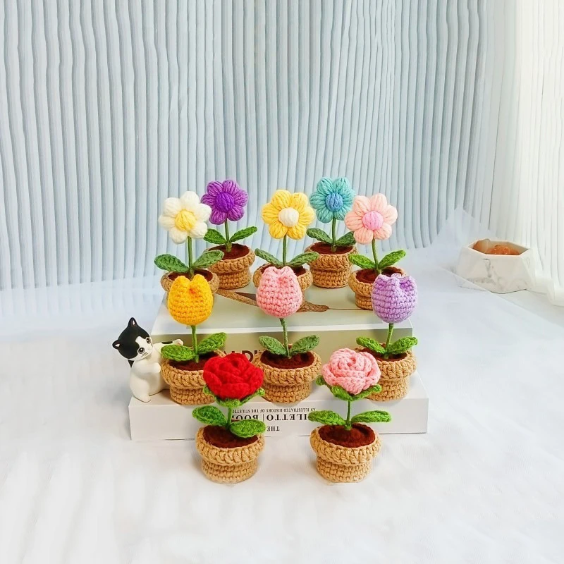 Hand-knitted Sunflower Tuilp Flower Crochet Rose Flowers Potted Plants Homemade Finished Car Home Desktop Decor Bouquet Gifts