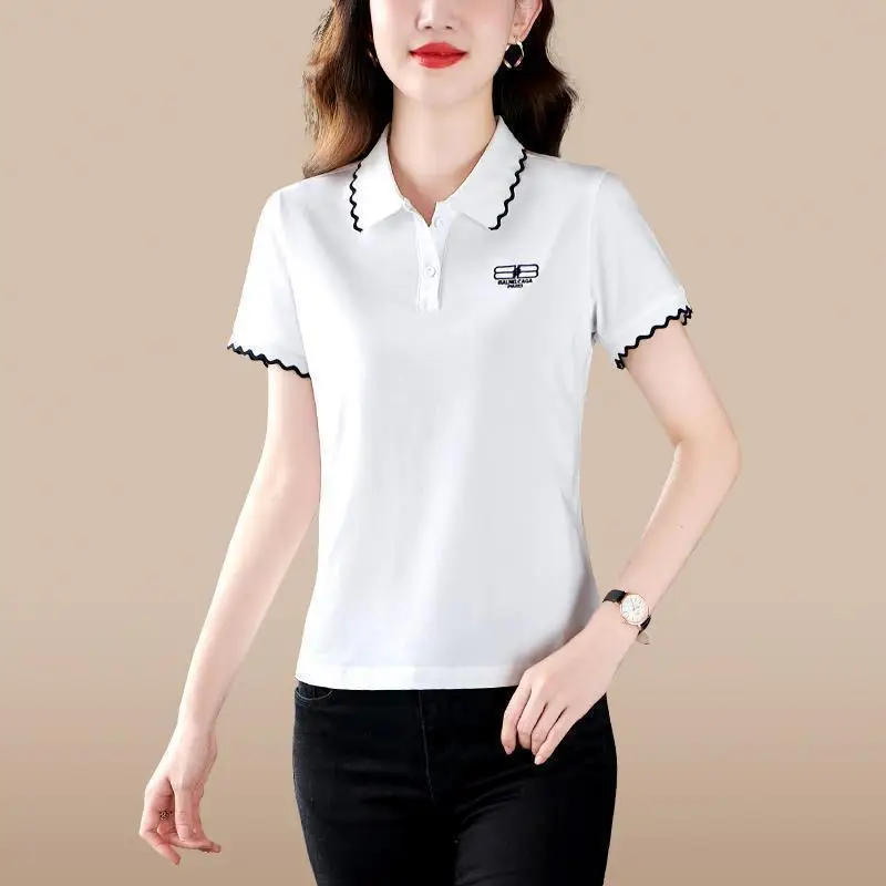 Middle-Aged Lapel Short Sleeve T-shirt Women\'s Summer New 100% Cotton Sports Leisure Polo Bottoming Shirt Golf Shirt Women