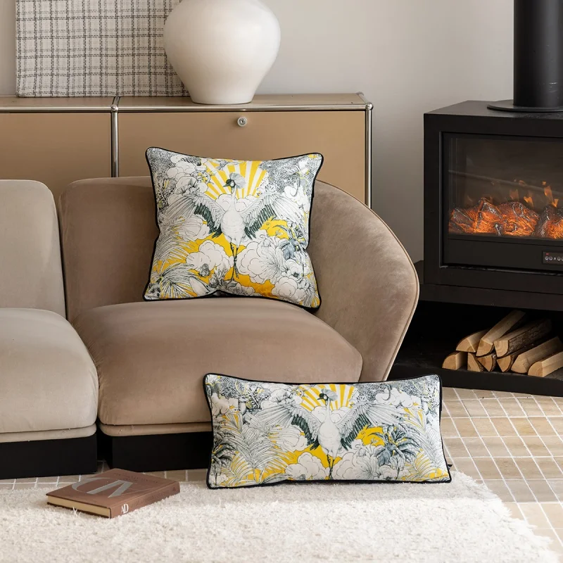 Luxury Oriental Crane Print Throw Pillow Cover  Vibrant Yellow & White Velvet Cushion Case with Contrast Piping for Modern Home