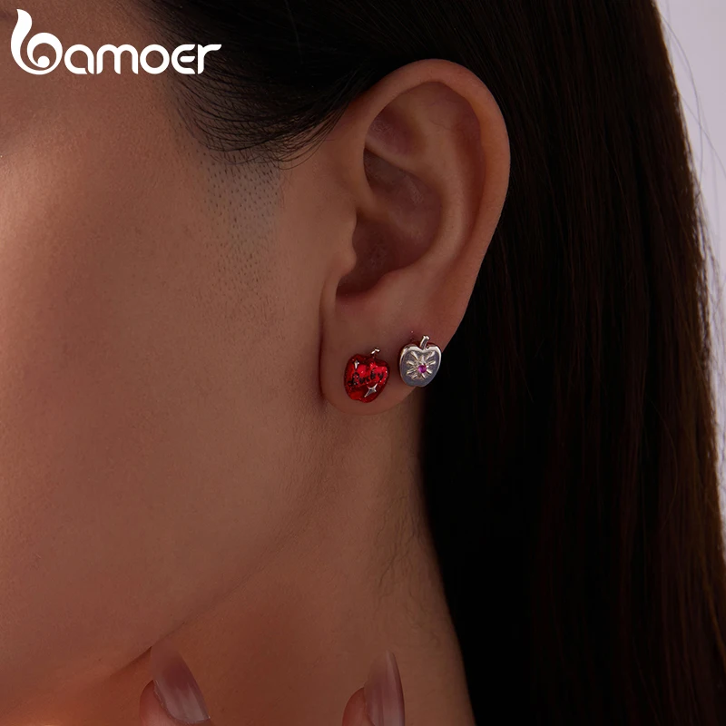 

BAMOER 925 Sterling Silver Red Apple Asymmetrical Earrings, CZ Piercing Earrings Cute Fruit Jewelry for Girls Lucky Xmas Gift