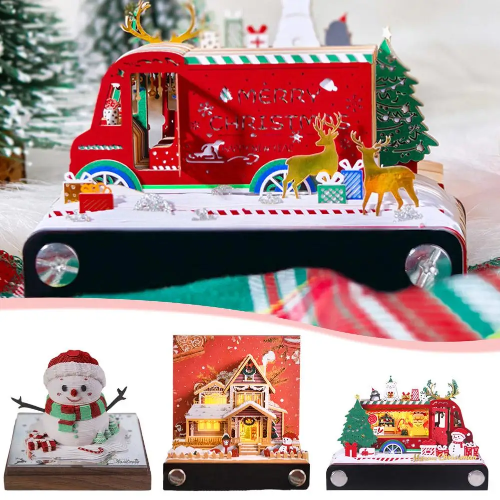 2025 Desk Calendar Christmas House 3D Paper Art Memo Pad Creative Note Paper Carving Model Christmas Gift