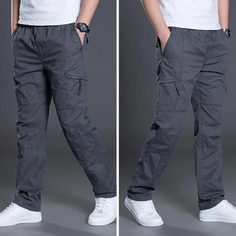 

Big Size Men's Cargo Trousers Straight Leg Work Pant Men Loose Fit Cotton Summer Wide Overalls Male Side Multi Pocket Large Size