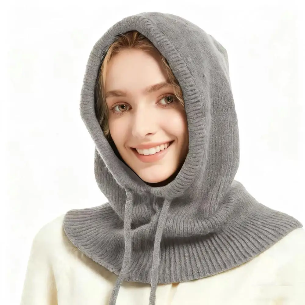 

Зимняя шерстяная шапка-балаклава, шарф для женщин, вязаные шапки с капюшоном, уличные теплые цельные шапочки с воротником на шее, шапки на шнурке