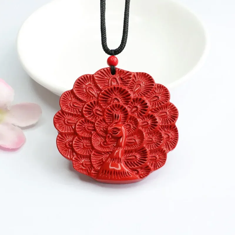 Chinese Cinnabar Jade Red Sand Peacock Carved Pendant Necklace Jewellery Chinese Hand-Carved Healing Women Luck Sweater Chain