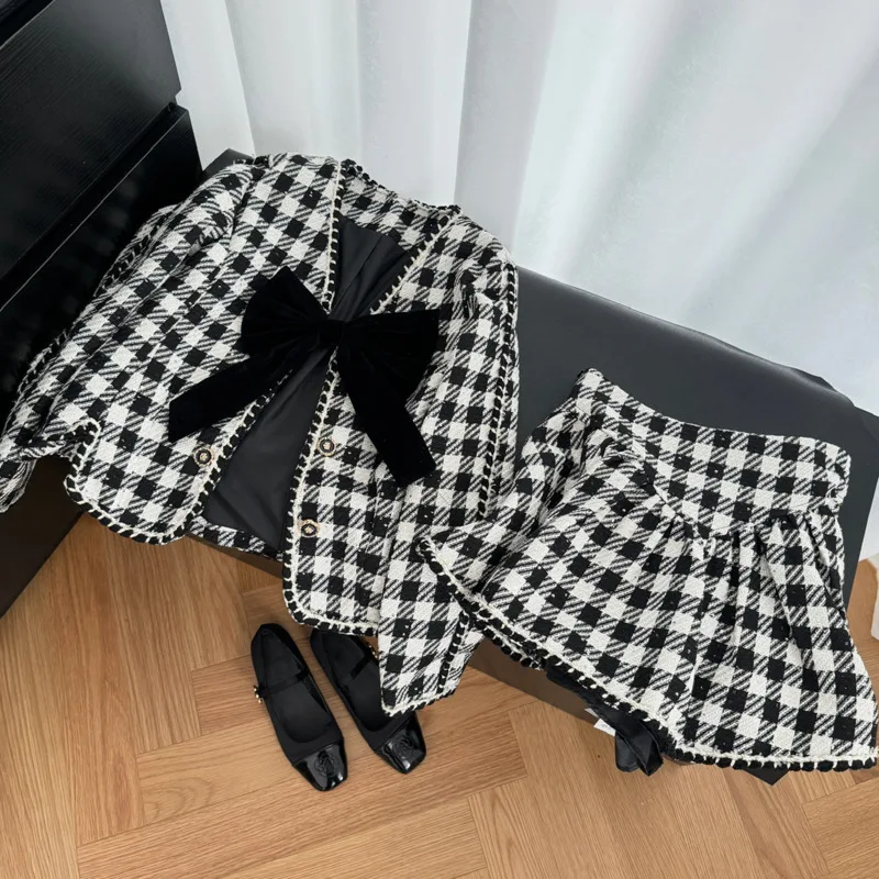 Plaid di fascia alta piccola fragranza Tweed Set da 2 pezzi cappotto da donna dolce Chic con fiocco + gonna corta abiti Conjuntos Femininos