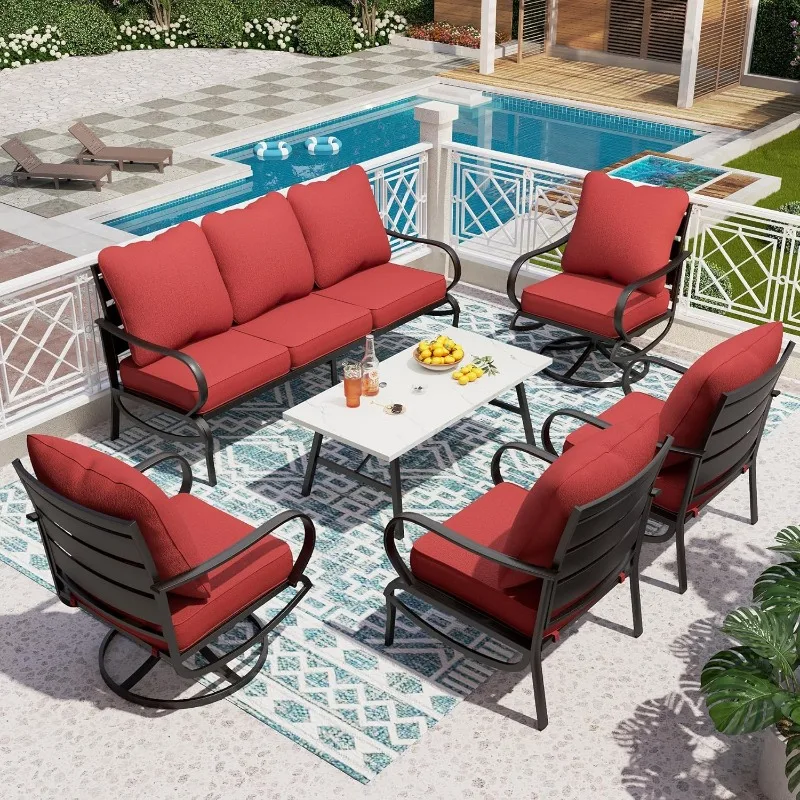 6 Piece Patio Furniture Sets with 1 x 3-Seat Wide Deep Seating Bench, 2 x Swivel Cushioned Sofa Chairs, 2 x Leg Sofa Chair