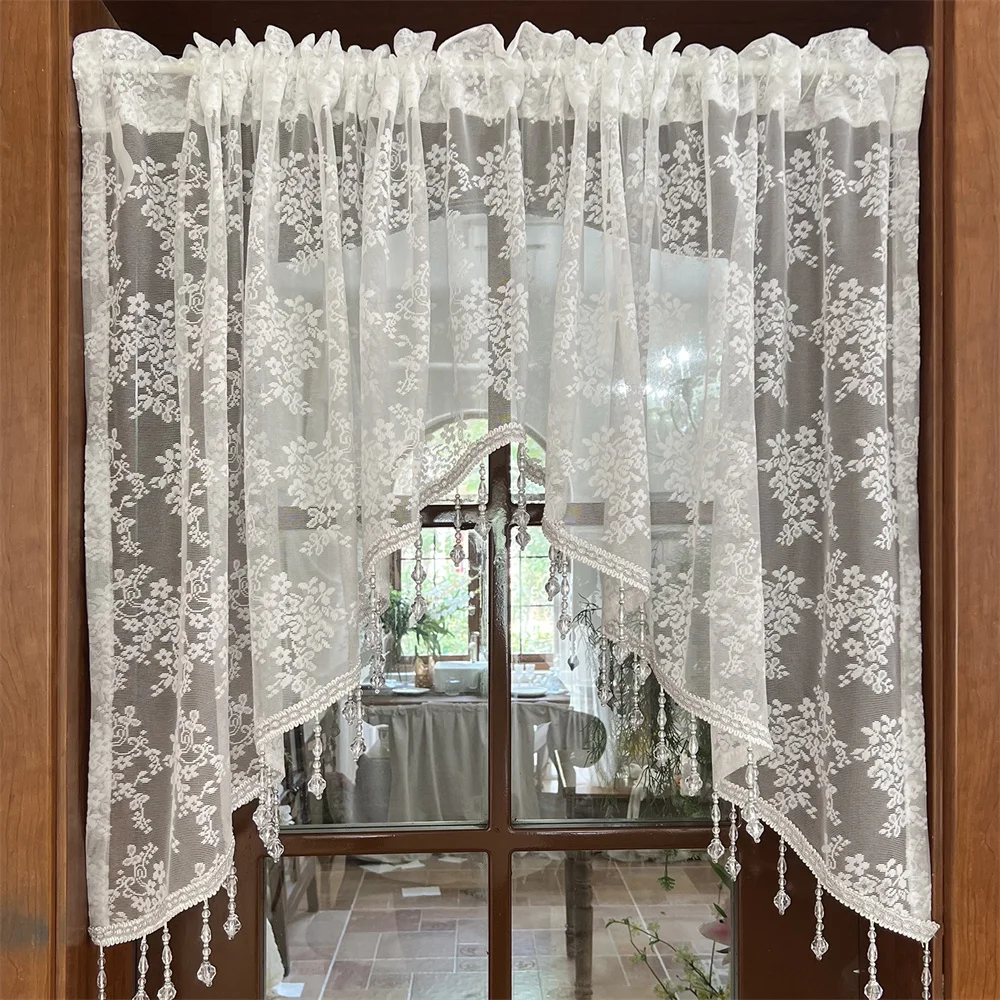 White Floral Lace Sheer Curtain Vintage Beaded Triangle Window Drapes for Dining Room Kitchen Entryway Elegant Home Decor