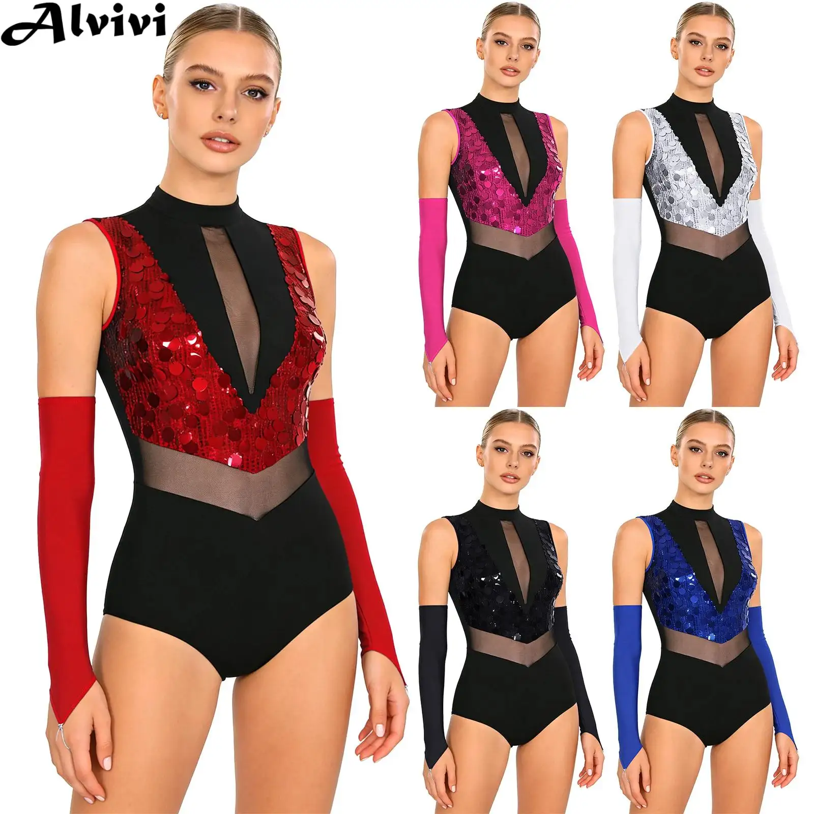 Women Sleeveless Sheer Mesh Shiny Sequin Figure Skating Gymnastics Leotard with Gloves Latin Jazz Dance Cha-cha Ballroom Costume