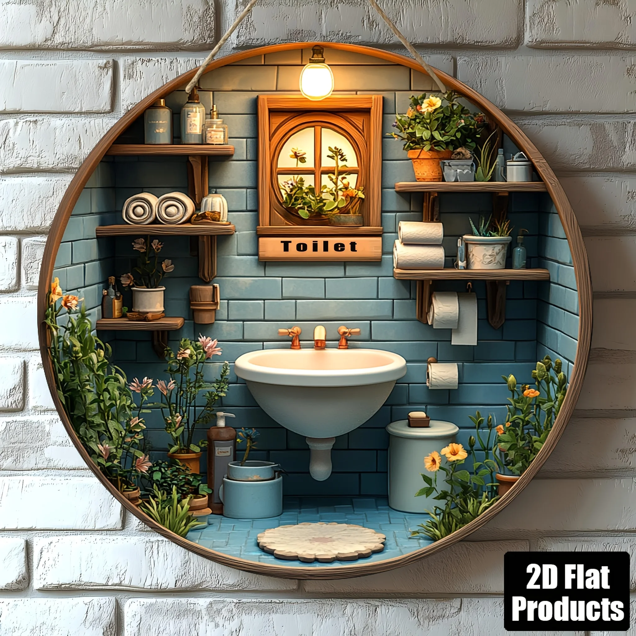 2D flaches 1-teiliges Retro-Toilettenschild aus rundem Holz, einfache Wanddekoration und bezaubernde Badezimmerszene, Badezimmer-Wanddekoration