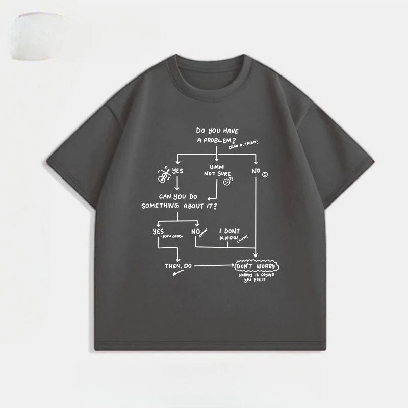 Funny Problem Flowchart Text T Shirt Life Advice Graphic Cotton Crew Neck Short Sleeve Unisex Oversized Relaxed Streetwear Tees