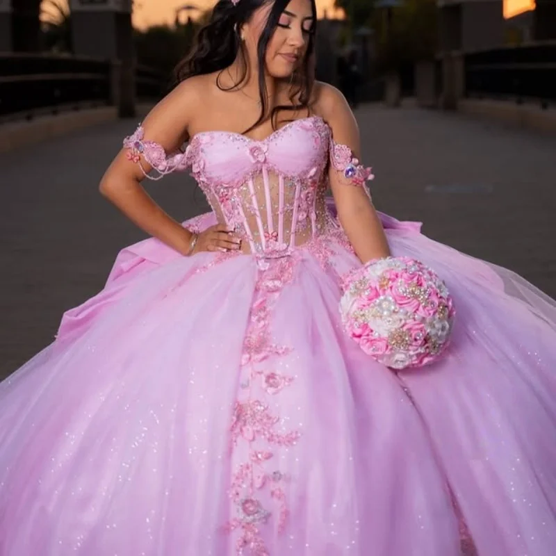 

Customized Shiny Pink Off Shoulder Quinceanera Dress Tull Lace layering 3D flower applique Bow vestidos de 15 Quinceanera