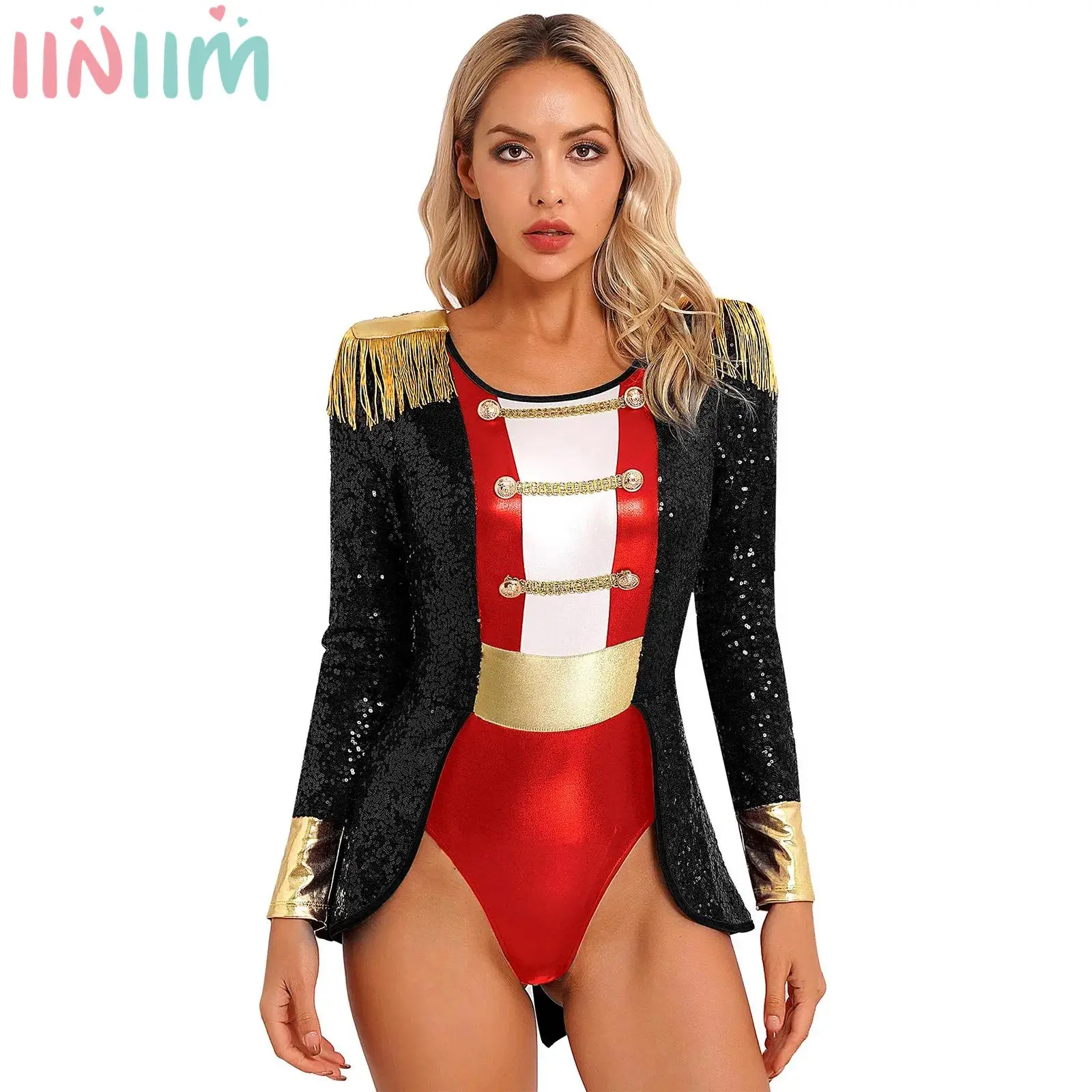 

Women Circus Ringmaster Cosplay Costume Long Sleeve Shoulder Tassel Sequin Tail Jumpsuit Ice Skating Roller Skating Ballet Dance
