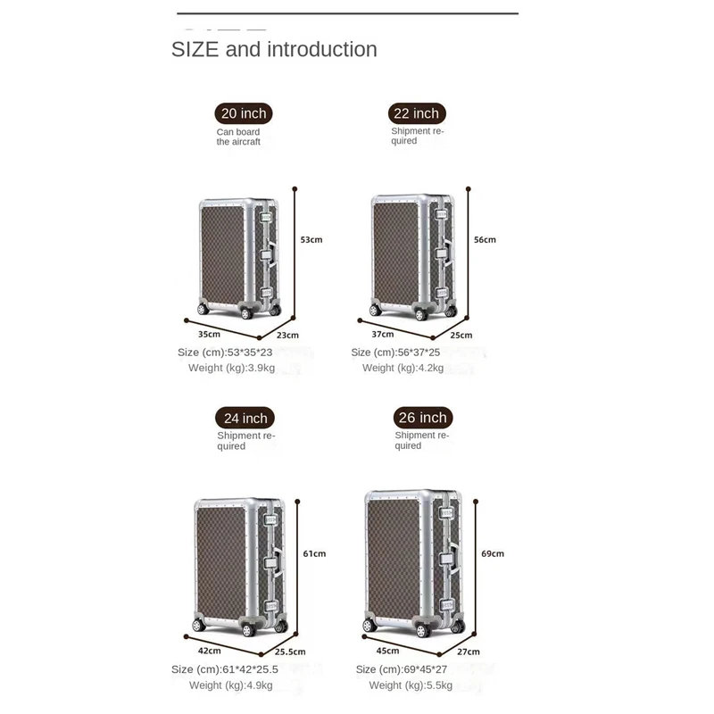 20/26 cali w całości z aluminium w kratę zestaw walizek w stylu vintage bagaż podręczny mężczyźni walizka na kółkach kobiety na pokład walizka podróż służbowa wyciszenie