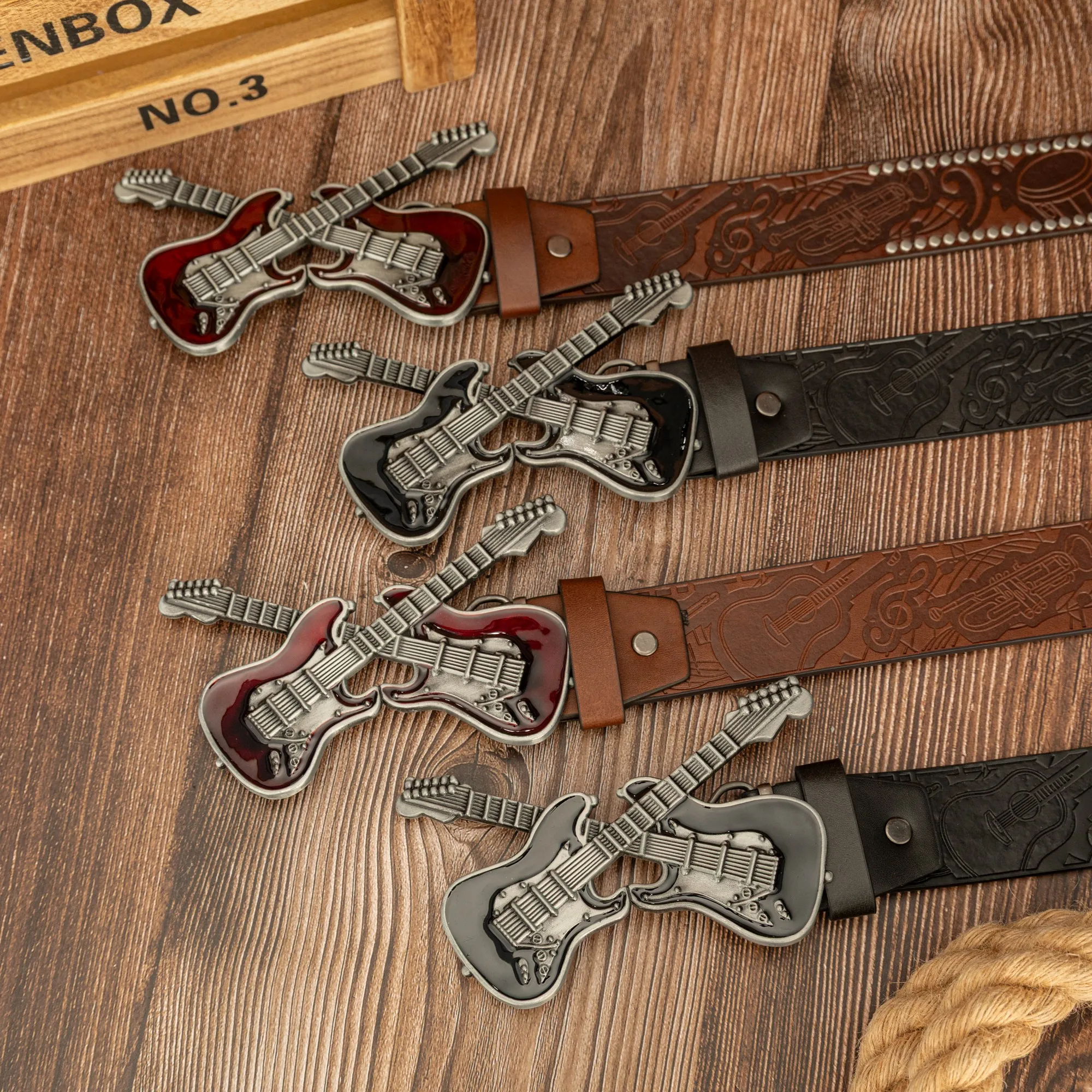 Symmetrical Double Guitar Zinc Alloy Buckle PU Instrument Embossed Rivet Belt Suitable for Daily Commuting Graduation SeasonGift