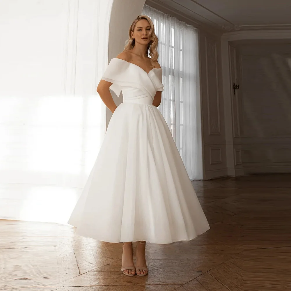 DLASSDRESS Customized Vestidos de Novia Organza Midi Wedding Dresses Off Shoulder Sleeveless A-Line Tea-Length Civil Bride Gown