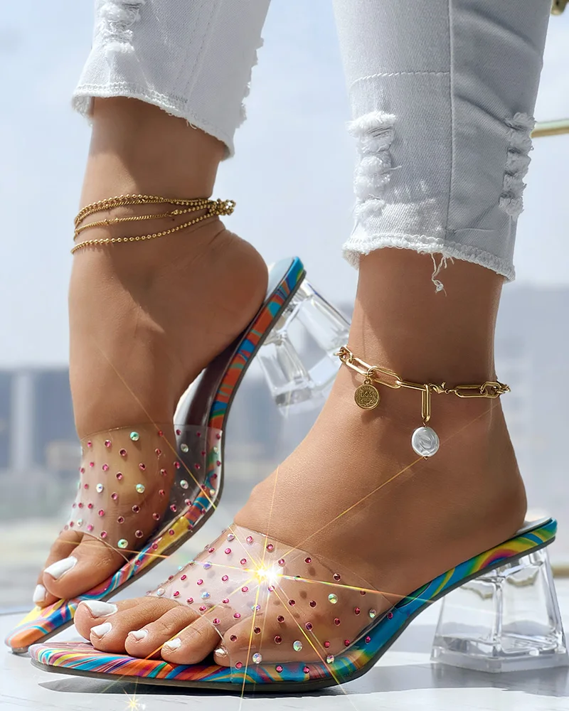 Sharp pointed rhinestone colored thick heel cool mop