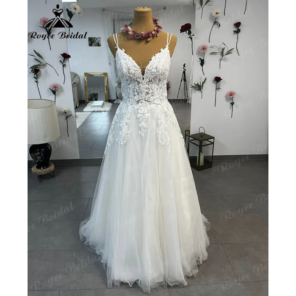 Vestido de novia bohemio con apliques de encaje para mujer, tirantes finos con cuello en V y traje Sexy, hecho a medida, abiti sposa, 2025