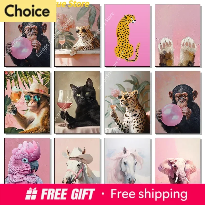 

2026 1pc frameless Diamond Pink Cat Cheetah Black Cat Leopard with Wine Animal Monkey Poster Trendy Modern Boho Wall Art Teen
