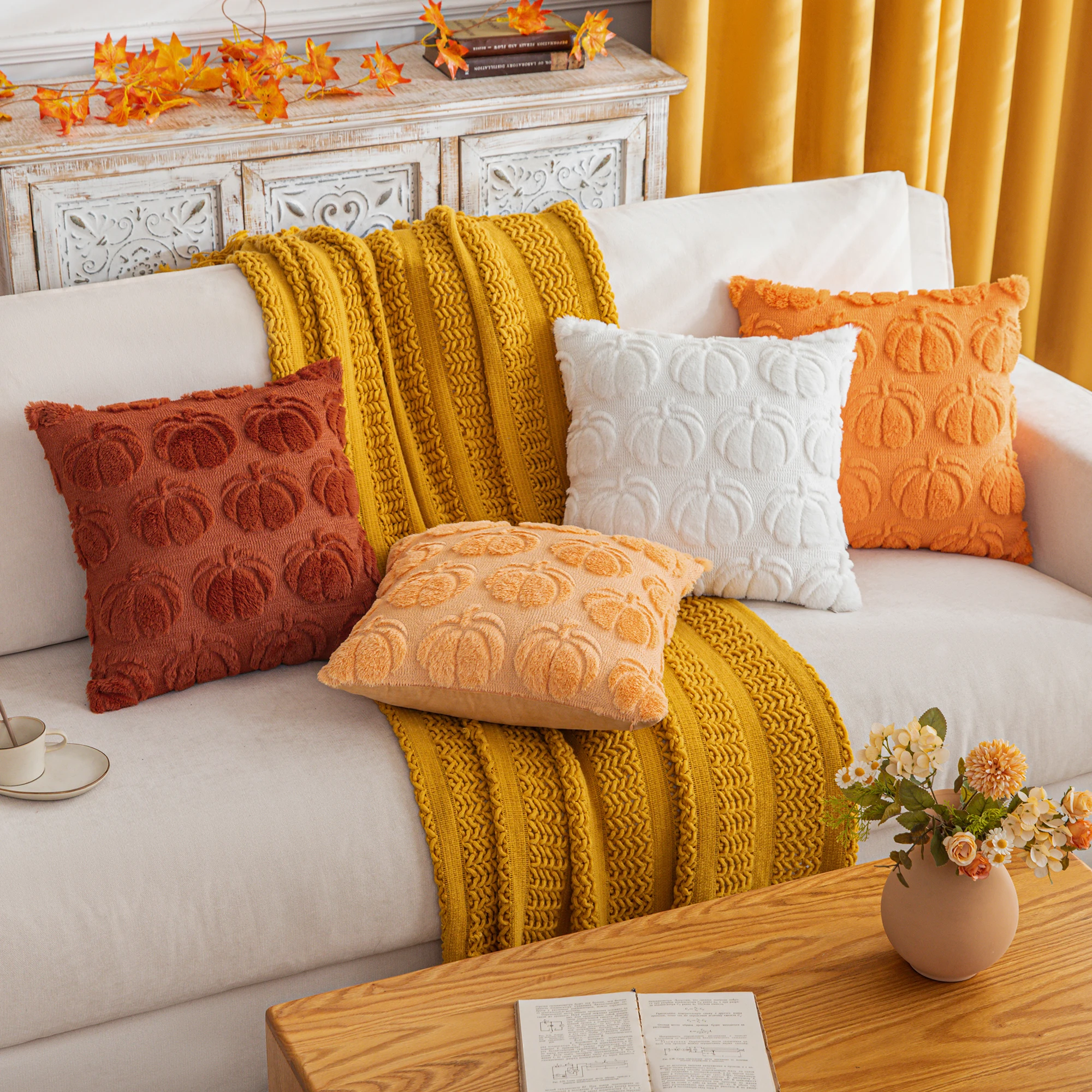 Set of 4, Autumn Pumpkin Pillow Covers, 3D Embroidered Fabric, Invisible Zipper, Suitable for Modern Farmhouse, Sofa, Living Room, Bedroom, Pillow Inserts Not Included