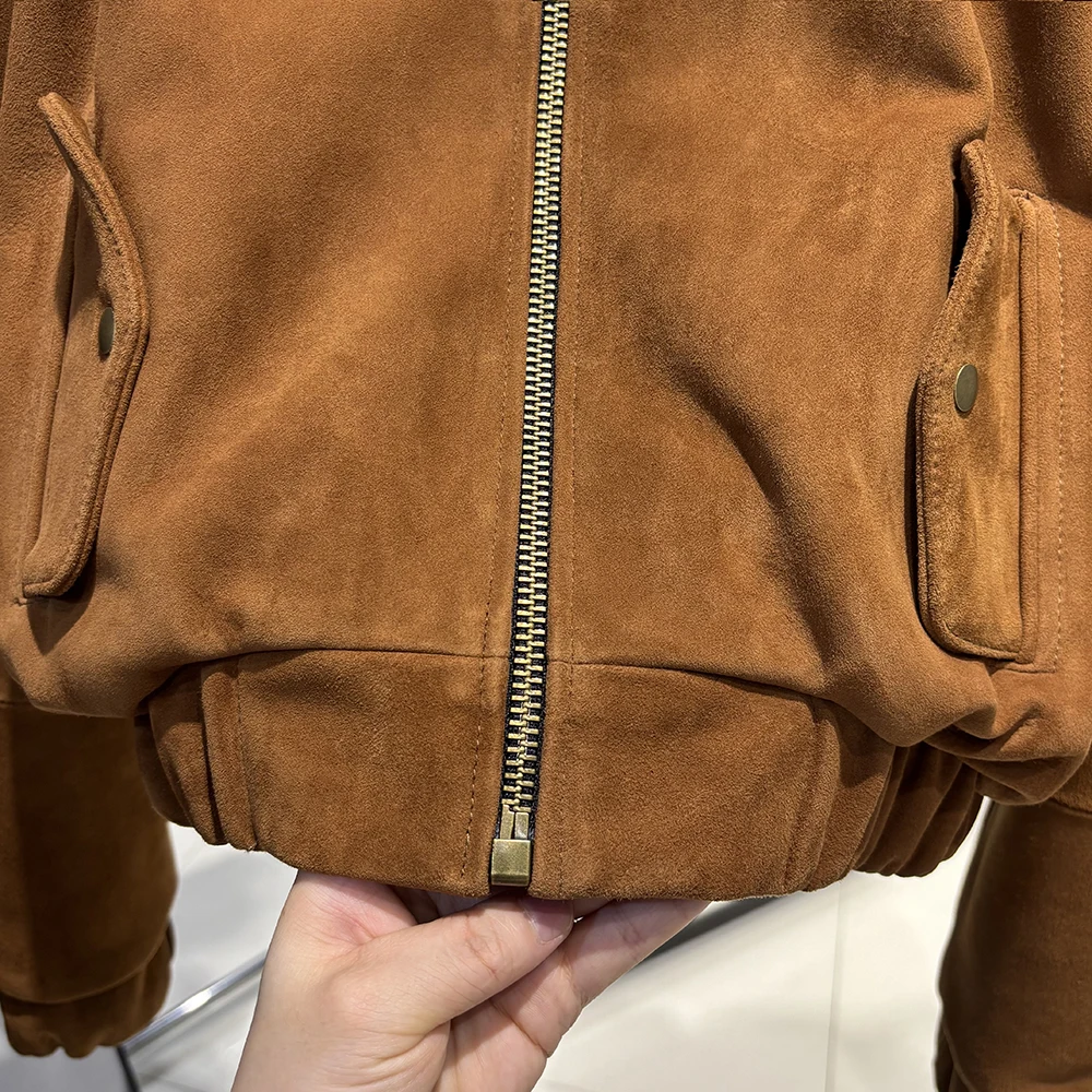 YOLOAgain Suede Leather Jacket Coat Women Real Leather Cropped Jacket Bomber Jacket