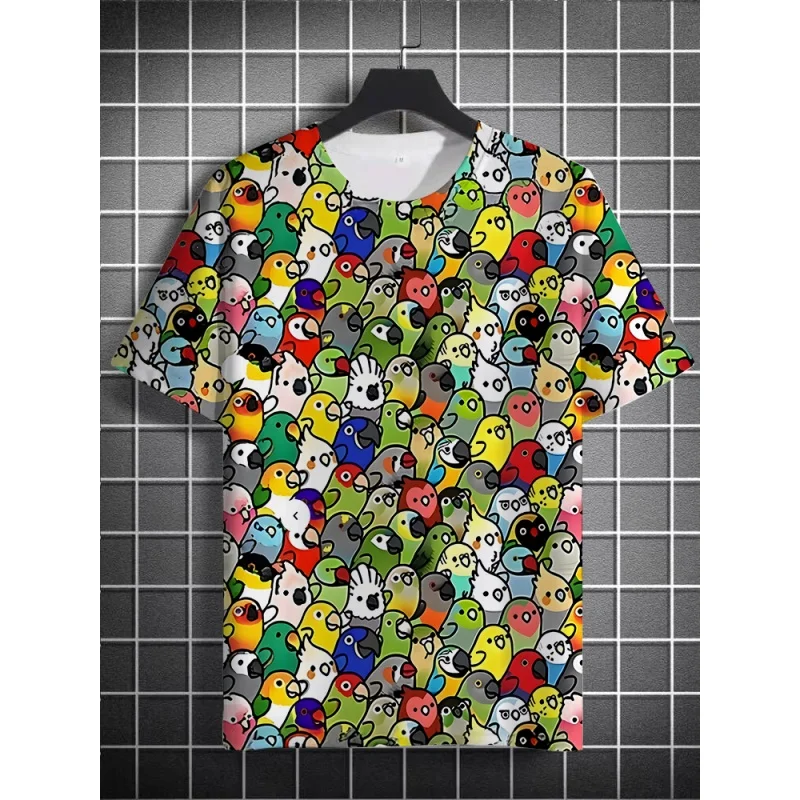 

3D Print Cartoon Parrot T-shirt For Men Flower Animals Graphic Short-sleeved Tees Summer Fashion Round Neck Tops Street T Shirts
