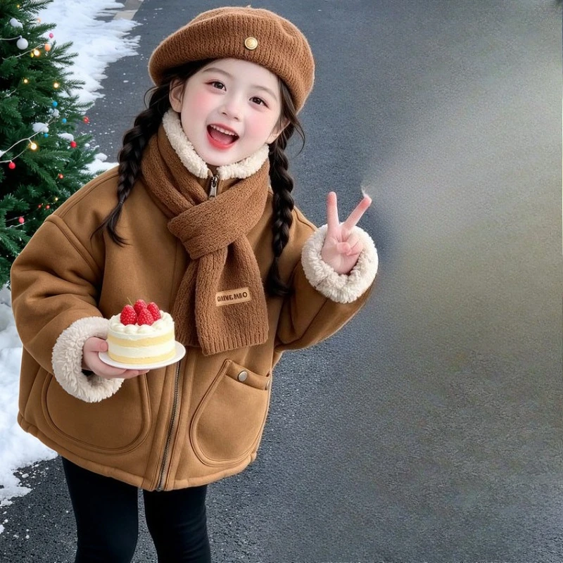 Coat 2026 New Girls Brown Large Pocket Integrated Jacket Fashion and Versatile Simple Daily Routine Comfortable and Warmth