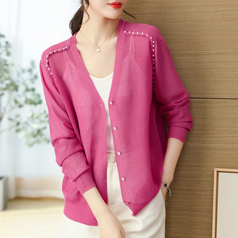 Women's Beads Decration Cardigan 2023 Summer Transparent Single Breasted Knitwear Lady See Through Thin Sun Protection Knit Coat