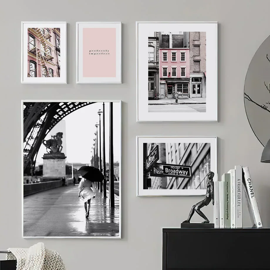 Paris Street Pink Vintage House Fashion Girl Black White Wall Art Living Room Decor Canvas Painting Poster And Print Picture