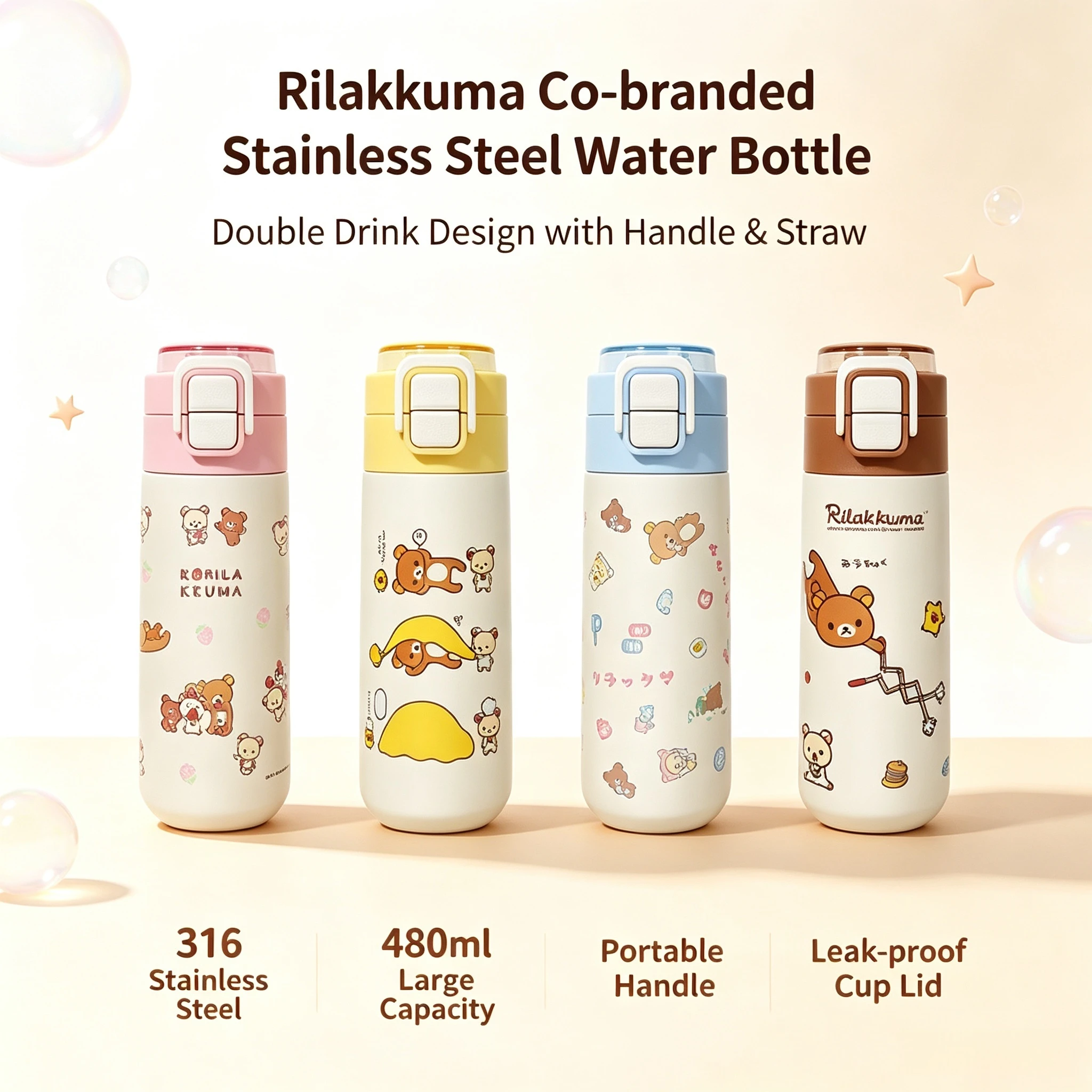 Rilakkuma New Co-branded 316 Stainless Steel Water Bottle Double Drink Cartoon Cup with Handle, Straw Mug Portable Kids Girls Tr
