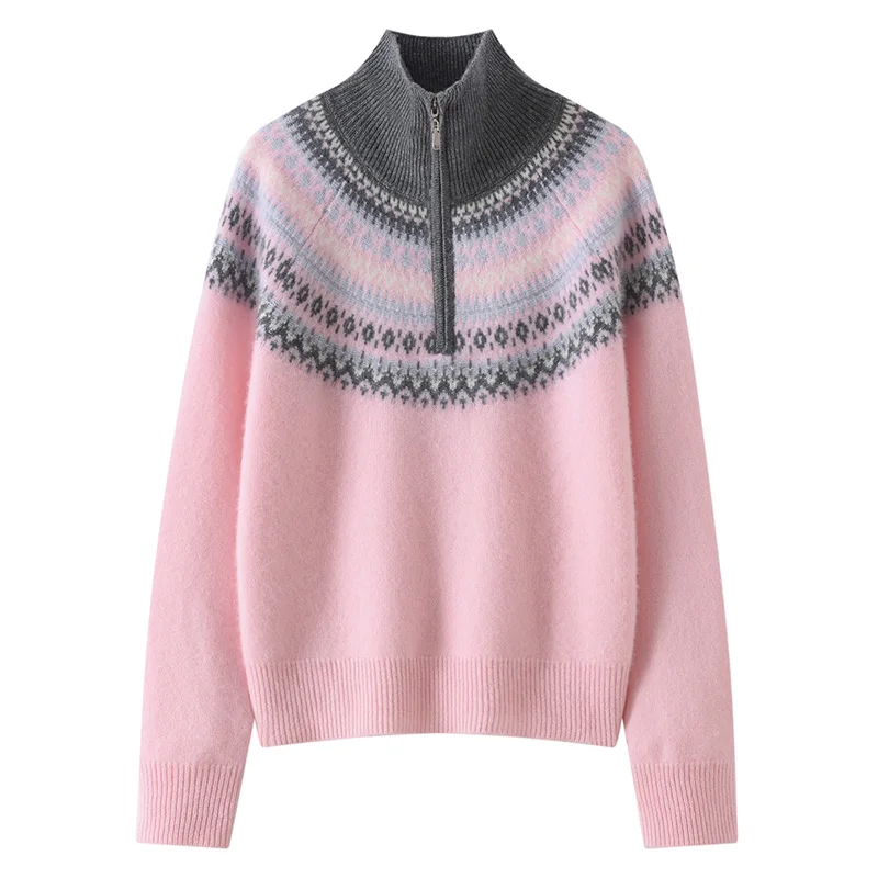 2026 winter new high-necked zipper 100% cashmere sweater women's long-sleeved jackard knitted warm top