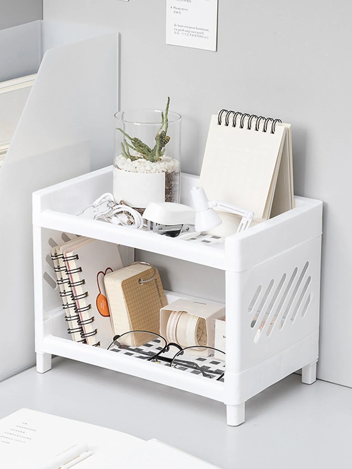 

Minimalist Desktop Double-Layer Rack Household Plastic Bathroom Small Stationery Organizing Pure White Multifunctional